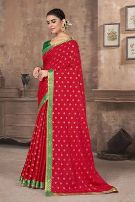 Red printed silk blend saree with blouse 2