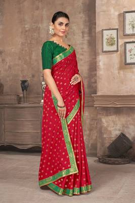 Red printed silk blend saree with blouse 3