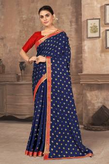 Dark blue printed silk blend saree with blouse