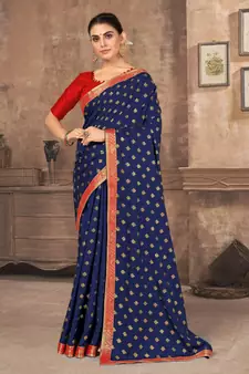 Dark blue printed silk blend saree with blouse