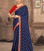 Dark blue printed silk blend saree with blouse
