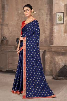Dark blue printed silk blend saree with blouse 2