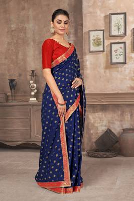Dark blue printed silk blend saree with blouse 3