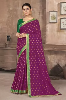 Purple printed silk blend saree with blouse