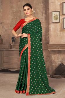 Green printed silk blend saree with blouse
