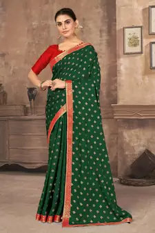 Green printed silk blend saree with blouse