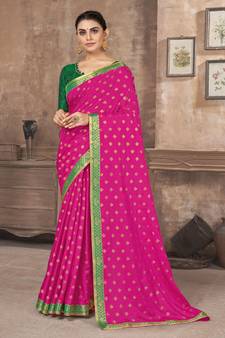 Pink printed silk blend saree with blouse