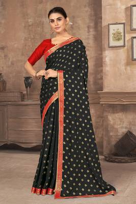 Black printed silk blend saree with blouse 1