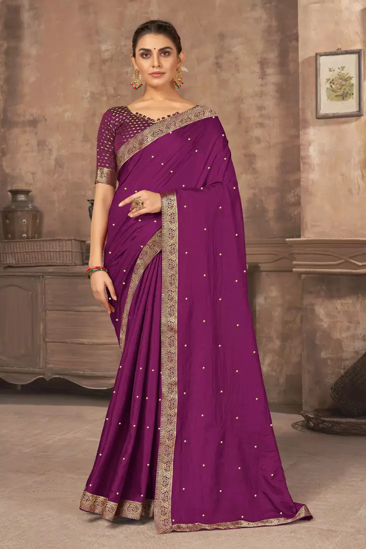 Purple embroidered silk blend saree with blouse