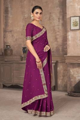 Purple Embroidered Silk Blend Saree With Blouse 3