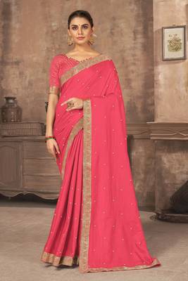Pink embroidered silk blend saree with blouse 1