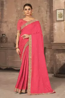Pink embroidered silk blend saree with blouse