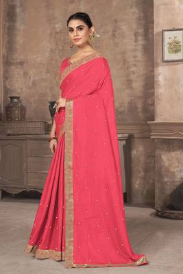 Pink embroidered silk blend saree with blouse 2