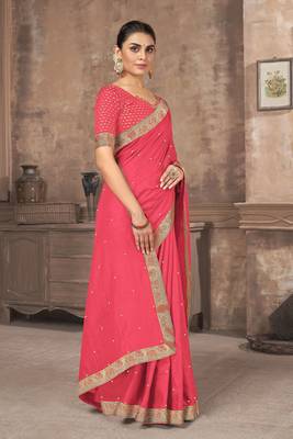 Pink embroidered silk blend saree with blouse 3