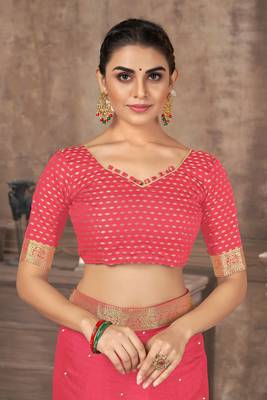 Pink embroidered silk blend saree with blouse 4