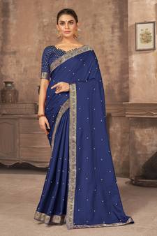 Dark blue embroidered silk blend saree with blouse