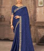 Dark Blue Embroidered Silk Blend Saree With Blouse