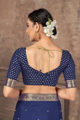 Dark Blue Embroidered Silk Blend Saree With Blouse 5