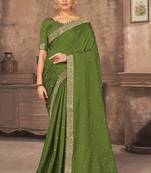 Dark Green Embroidered Silk Blend Saree With Blouse