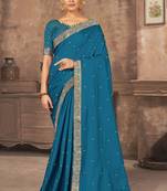 Blue embroidered silk blend saree with blouse