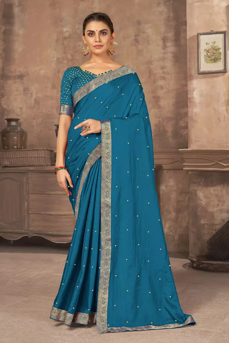 Blue embroidered silk blend saree with blouse