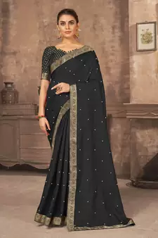 Black embroidered silk blend saree with blouse