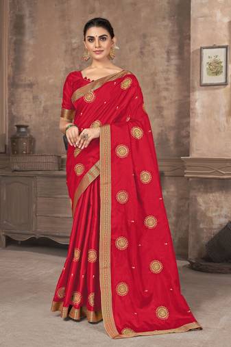 Red embroidered silk blend saree with blouse
