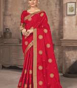 Red embroidered silk blend saree with blouse