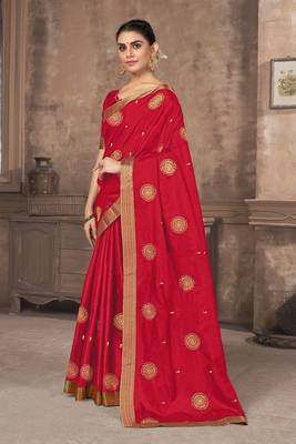 Red embroidered silk blend saree with blouse 2