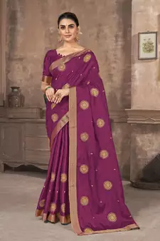 Purple embroidered silk blend saree with blouse