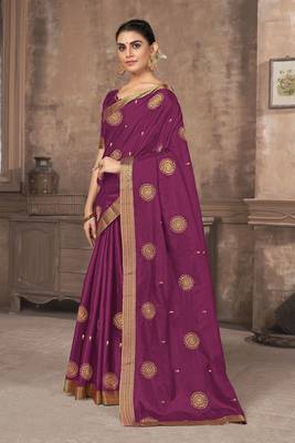 Purple embroidered silk blend saree with blouse 2