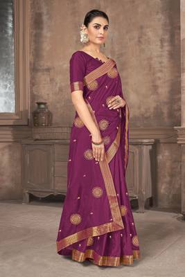 Purple embroidered silk blend saree with blouse 3