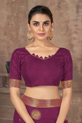 Purple embroidered silk blend saree with blouse 4