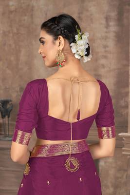 Purple embroidered silk blend saree with blouse 5