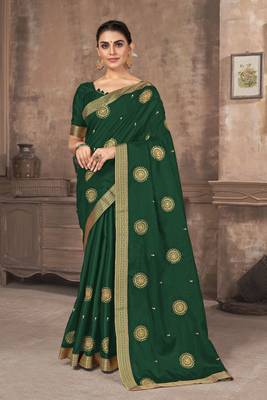 Green embroidered silk blend saree with blouse 1