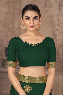 Green embroidered silk blend saree with blouse 4