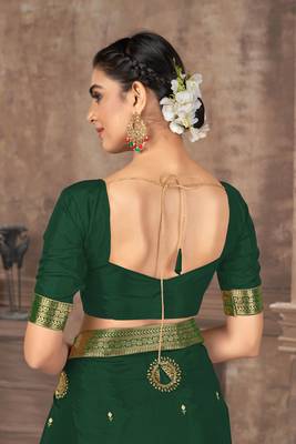 Green embroidered silk blend saree with blouse 5