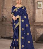 Dark blue embroidered silk blend saree with blouse