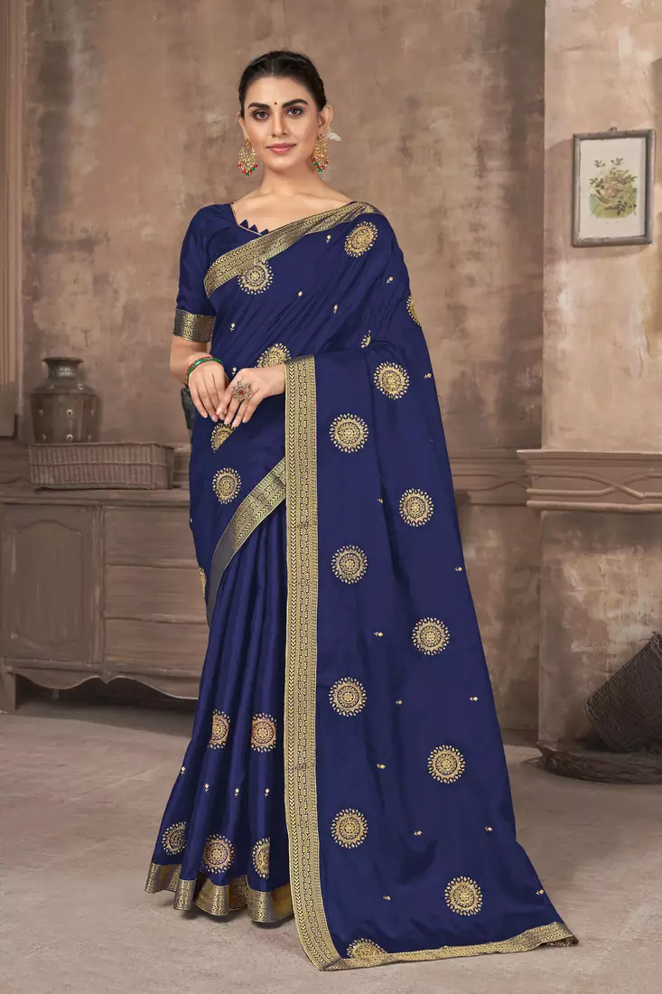 Dark blue embroidered silk blend saree with blouse
