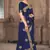 Dark blue embroidered silk blend saree with blouse