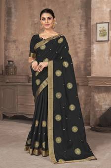 Black embroidered silk blend saree with blouse