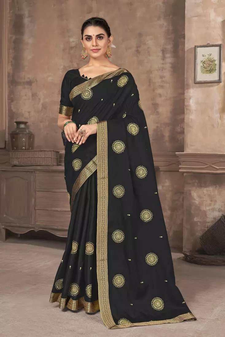 Black embroidered silk blend saree with blouse