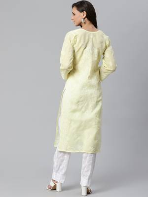 Ada Hand Embroidered Lemon Cotton Lucknow Chikankari Women Kurta with Trouser Set - A100396 2