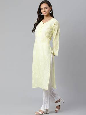 Ada Hand Embroidered Lemon Cotton Lucknow Chikankari Women Kurta with Trouser Set - A100396 3