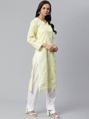 Ada Hand Embroidered Lemon Cotton Lucknow Chikankari Women Kurta with Trouser Set - A100396 4