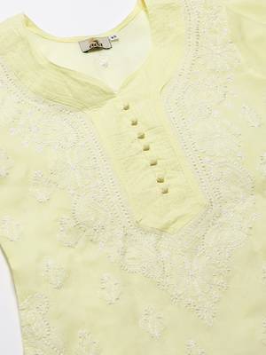 Ada Hand Embroidered Lemon Cotton Lucknow Chikankari Women Kurta with Trouser Set - A100396 5