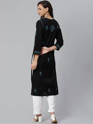 Ada Hand Embroidered Black Cotton Lucknow Chikankari Women Kurta with Palazzo Set - A100392 3