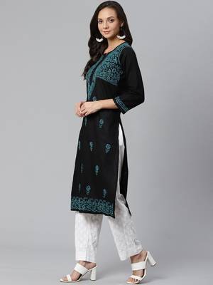 Ada Hand Embroidered Black Cotton Lucknow Chikankari Women Kurta with Palazzo Set - A100392 4