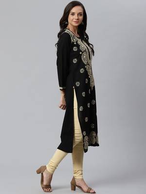 Ada Hand Embroidered Black Lucknow Chikankari Women Kurta with Churidar Set - A100399 3