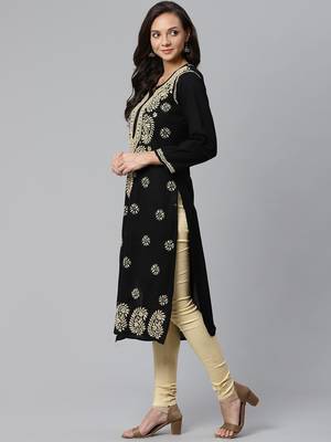 Ada Hand Embroidered Black Lucknow Chikankari Women Kurta with Churidar Set - A100399 4